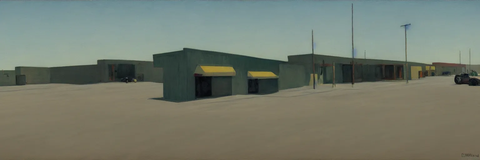 Image similar to bleak and deserted parking lot behind a North American suburban strip mall by Edward Hopper