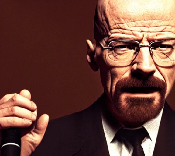 Image similar to walter white singing with a microphone, movie still, close up, dynamic