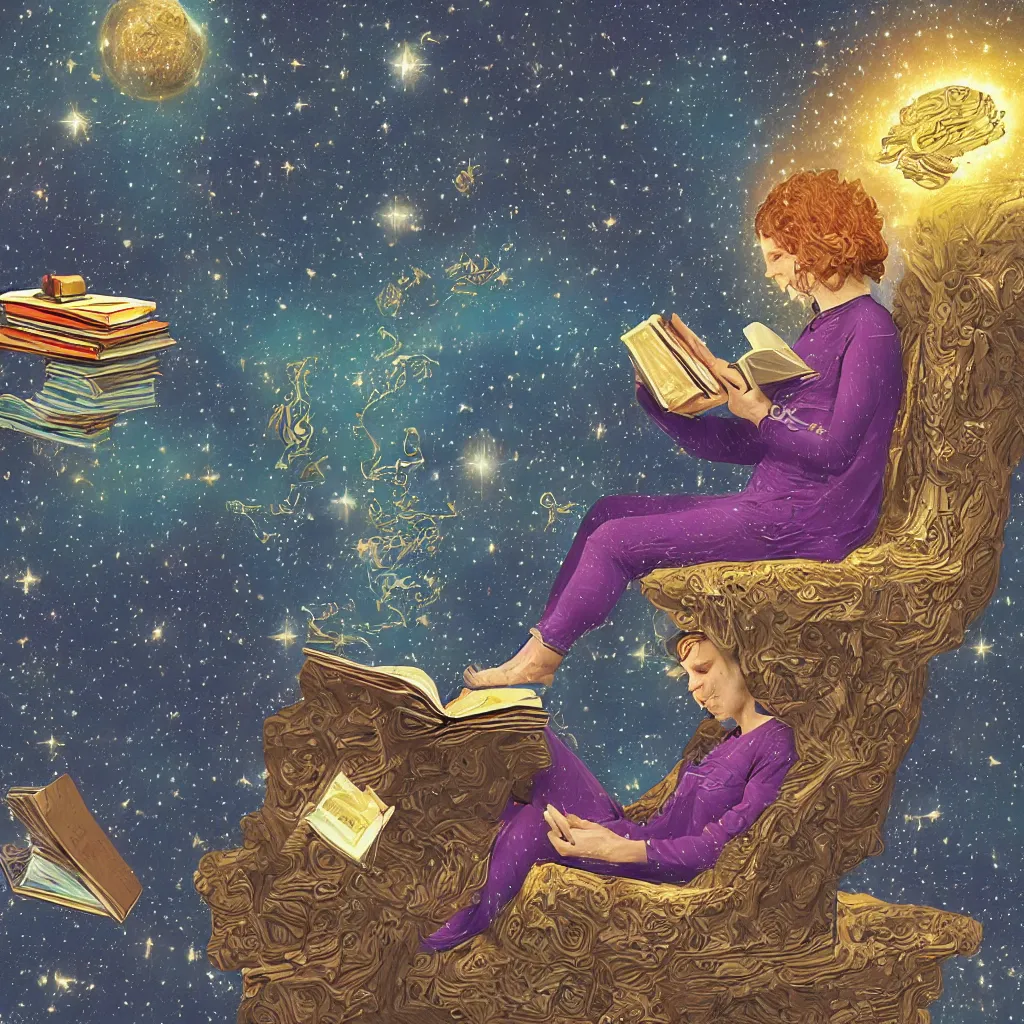 Prompt: Digital art of a cosmic being reading books containing knowledge of the universe