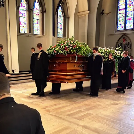 Prompt: A funeral photo with a RGB coffin in a church