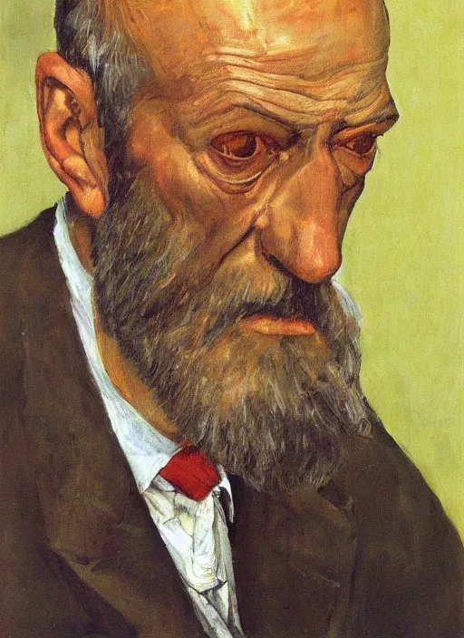 Prompt: “portrait of sigmund freud, by Lucian freud, fleshy, Freudian, visible brush strokes, in oil”