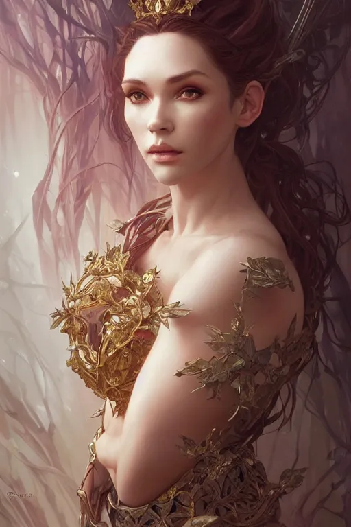 Image similar to portrait ofelf queen, forest, godlike, upper body, fantasy, intricate, elegant, highly detailed, digital painting, artstation, concept art, sharp focus, illustration, art by artgerm and greg rutkowski and alphonse mucha