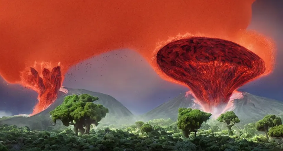 Image similar to a volcano made of ivory vines and crimson rocks enters in eruption, it spits a smoke in the shape of demonic eye, by Pixar Concept Artists