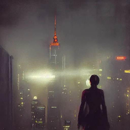 Image similar to “ girl standing on a roof looking down at a foggy futuristic new york city below, ghostpunk, blade runner, cyberpunk, brutalist, very detailed, by george bellows ”