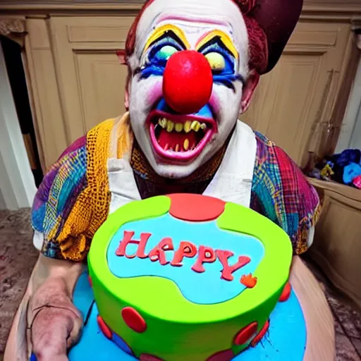 Prompt: happy clown unlocking his jaw in order to devour the world's largest cake, strange photo