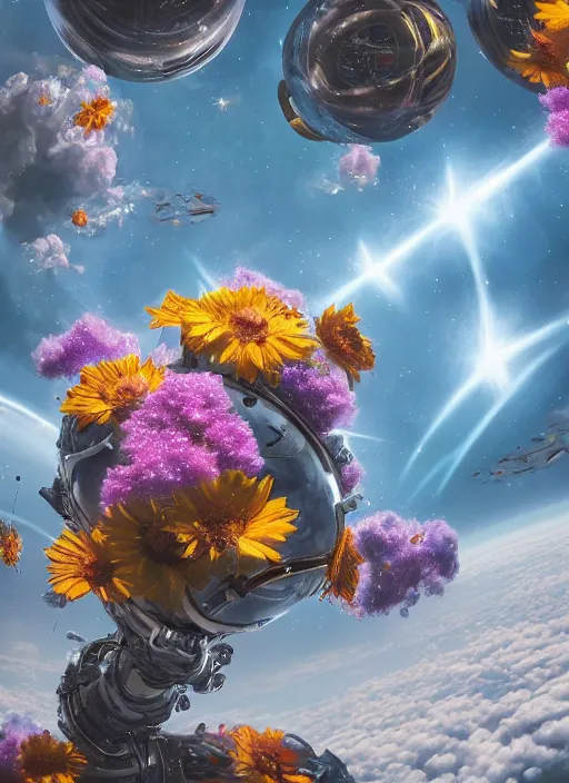 Image similar to An epic fantastic realism comic book style painting of the most beautiful flowers launched into space, perfect shiny silver iridescent spheres, bouquets, fisheye lens, unreal 5, DAZ, hyperrealistic, octane render, dynamic lighting