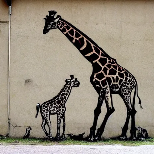 Image similar to a giraffe and a lion painting by banksy, graffiti art.