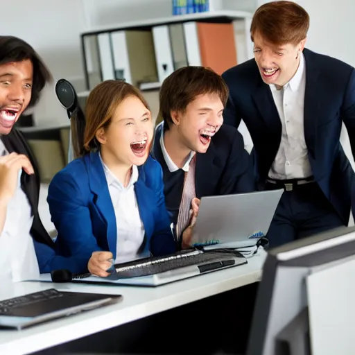 Image similar to young office workers playing around computers and laughing comic