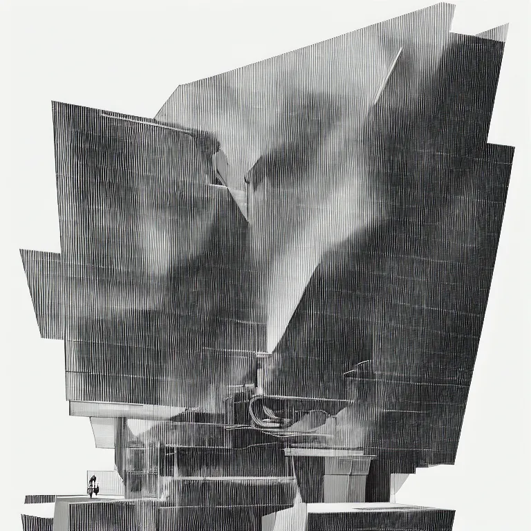 Prompt: a black and white drawing of a architectural elevation by zaha hadid, a screenprint by robert rauschenberg, behance contest winner, deconstructivism, da vinci, constructivism, greeble