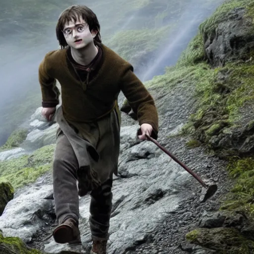 Image similar to daniel radcliffe as harry potter walking, in orodruin from lord of the rings, lava, mountain