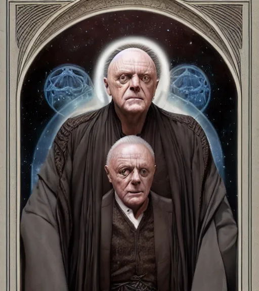 Image similar to A Magical Portrait of Anthony Hopkins as Aleister Crowley the Great Mage of Thelema, art by Tom Bagshaw and Wayne Barlowe and John Jude Palencar