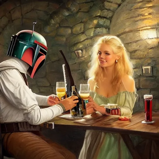 Image similar to Boba Fett and a beautiful young blonde drinking beer in a wine cellar, food, meat, schnapps, torches on the wall, romantic, inviting, cozy, painting by Vladimir Volegov