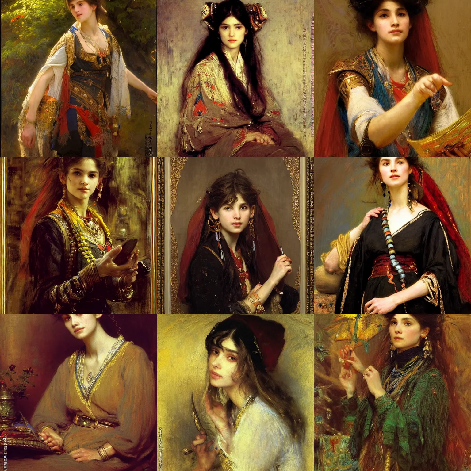 Prompt: orientalism portrait of a female wizard by nikolay makovsky and jules bastien - lepage and annie swynnerton and thomas lawrence, masterful intricate artwork, excellent lighting, high detail 8 k