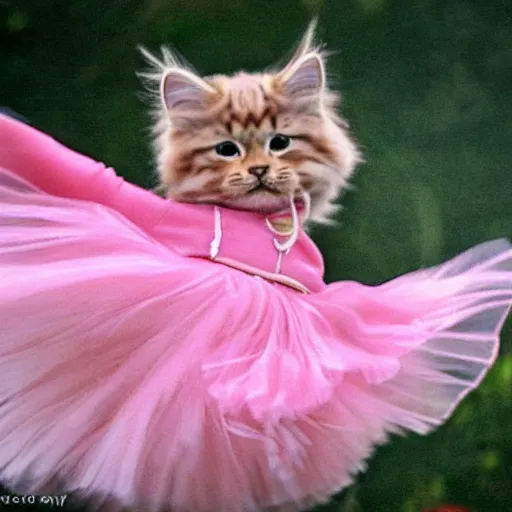 Image similar to realistic photo of a Siberian cat dancing in a pink dress