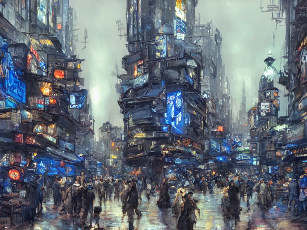 Image similar to street at maximum rush, with many travelers, merchants, hustlers, and thugs, marketplace, dark night, by George Luks, cyberpunk style, matte painting, concept art, blue color scheme