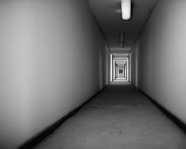 Image similar to an empty partially dark liminal space hallway that looks like the backrooms, photograph, horror