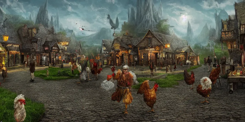 Image similar to many walking taverns with chicken legs in the distance, fantasy art, 8k resolution, maximum detail