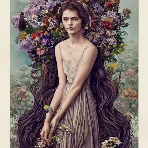 Prompt: portrait of Adrianne Lenker as a young pretty woman in flowing dress, arrogant, mysterious, long fine flowing hair, delicate, looking at camera, realistic face, intricate, stylish, elegant, grimdark, flowers, extremely detailed photograph by Martine Johanna and Ernst Haeckel and Greg Rutkowski