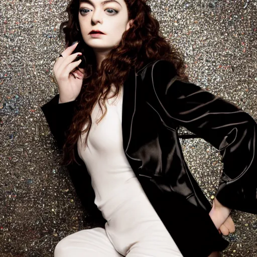 Image similar to lorde photoshoot for rolling stone magazine, glitter eye makeup, black suit jacket, white bodysuit, black dress pants, black platform heels, highly detailed with sunset backdrop and vintage props. 4 k, photo realistic,