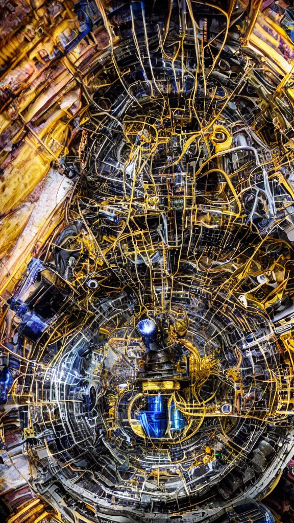 Prompt: macro photography of the giant psychedelic magical machine embedded within the mountain, industrial machinery, sedimentary rock and marble, pistons and valves, hadron collider, super conducters, reactor circuits, isometric, cool dark tones in the style of Luis García Mozos