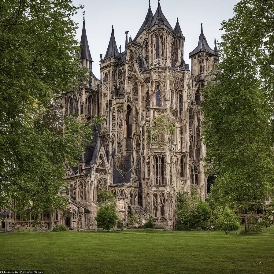 Image similar to a Tudor style village in the shadows of an enormous Gothic Revival architecture castle in a lovely meadow at dusk