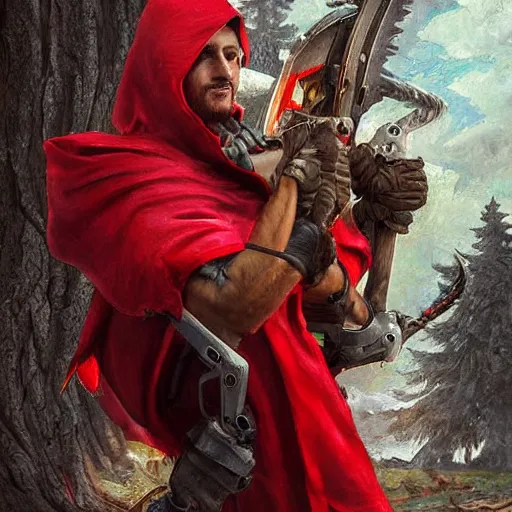 Prompt: digital _ painting _ of _ little red riding silk hood wolf slayer with chainsaw arm _ by _ filipe _ pagliuso _ and _ justin _ gerard _ unsymmetric _ fantasy _ highly _ detailed _ realistic _ intricate _ port