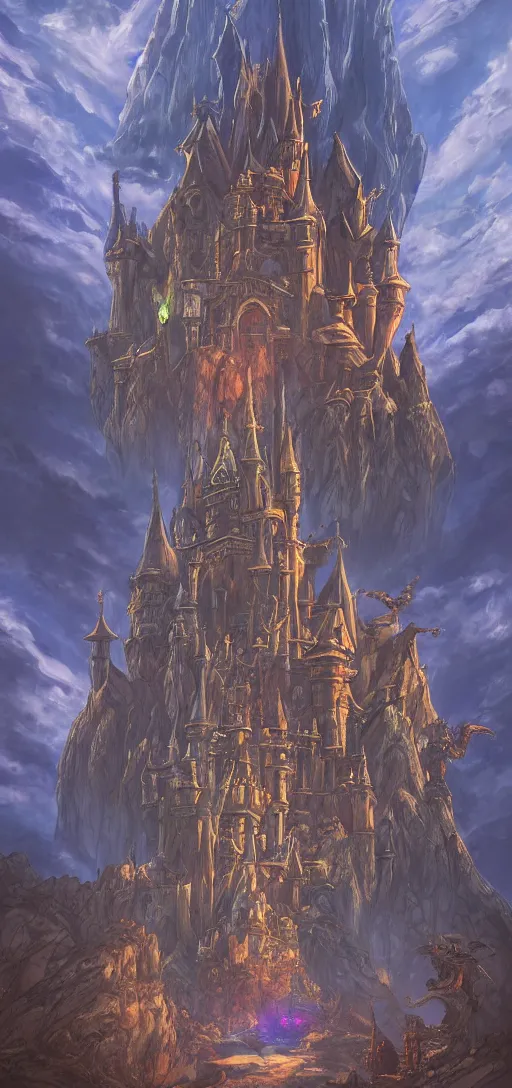 Image similar to An imposing and highly ornamented fantasy castle, Carved from Sapphire stone, Atmosphere, Dramatic lighting, Beautiful Landscape, Epic composition, Wide angle, by Miyazaki, Nausicaa, Ghibli, Breath of The Wild