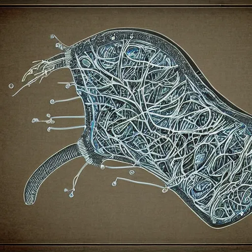 Prompt: liver anatomy concept art, blue print, texture of electronic circuit, intricate details, da vinci