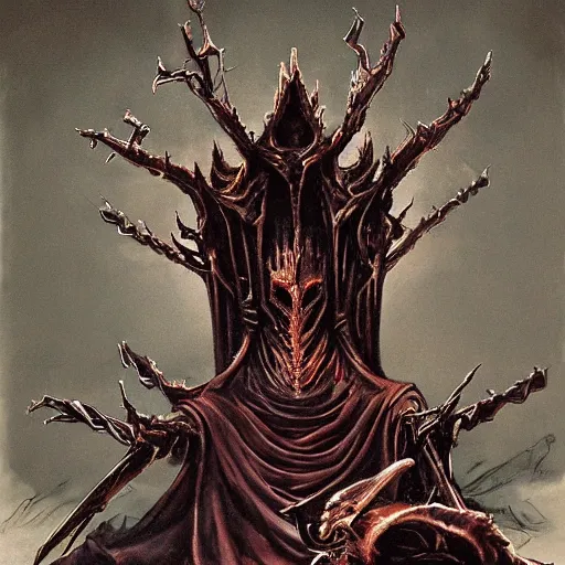 Prompt: decadent vampire nobility :: two strange leaf-shaped objects around eyes, made of tarnished copper :: wearing decaying brown furs and red silks and black rubber suit decorated with blades :: glacial underground throne room with scatte red chunks of ice and machinery :: Dark Souls concept art by H.R. Giger, Carvaggio, Hopper, and Rembrandt