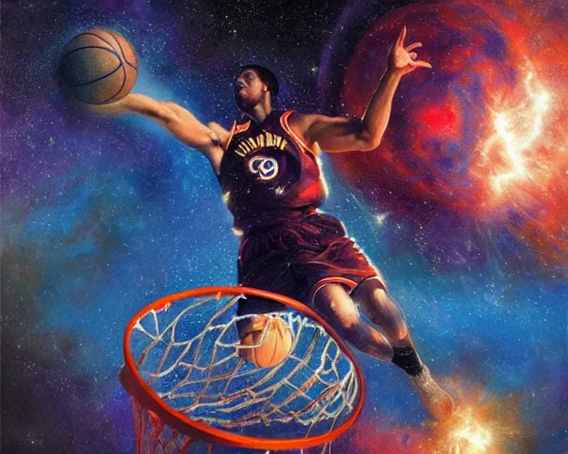 Image similar to cosmic basketball player dunking a basketball hoop in a nebula, an oil painting, by ( leonardo da vinci ) and greg rutkowski and rafal olbinski ross tran award - winning magazine cover