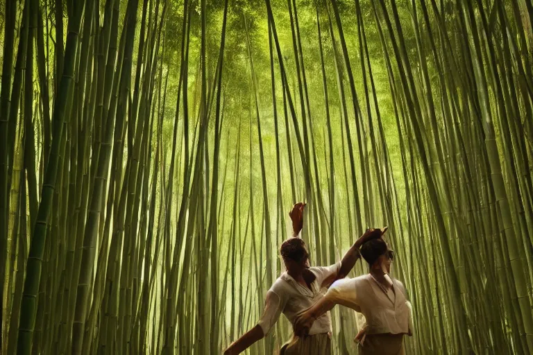 Prompt: cinematography closeup portrait of couple dancing in a bamboo forest, thin flowing fabric, audience of monkeys, natural light by Emmanuel Lubezki