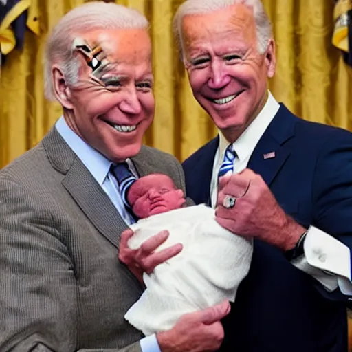 Prompt: Joe Biden and GG Allin show off their newborn baby at a press conference, high quality, close up