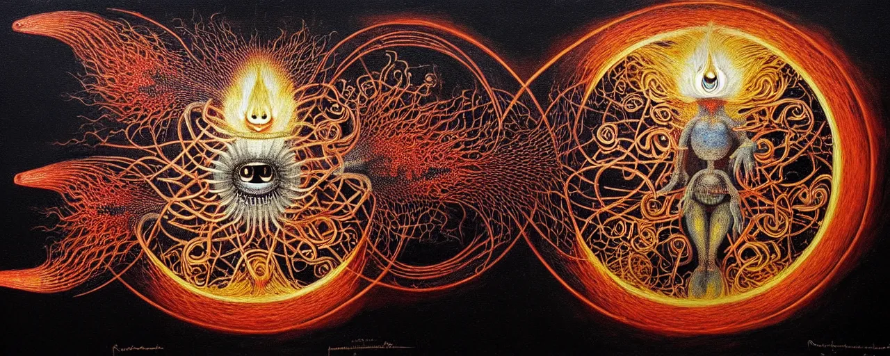 Image similar to a strange fire creature with endearing eyes radiates a unique canto'as above so below'while being ignited by the spirit of haeckel and robert fludd, breakthrough is iminent, glory be to the magic within, in honor of saturn, painted by ronny khalil