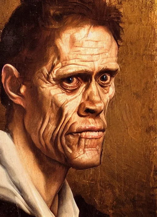 Image similar to portrait painting of 4 0 year old willem dafoe, renaissance oil painting, studious chiaroscuro