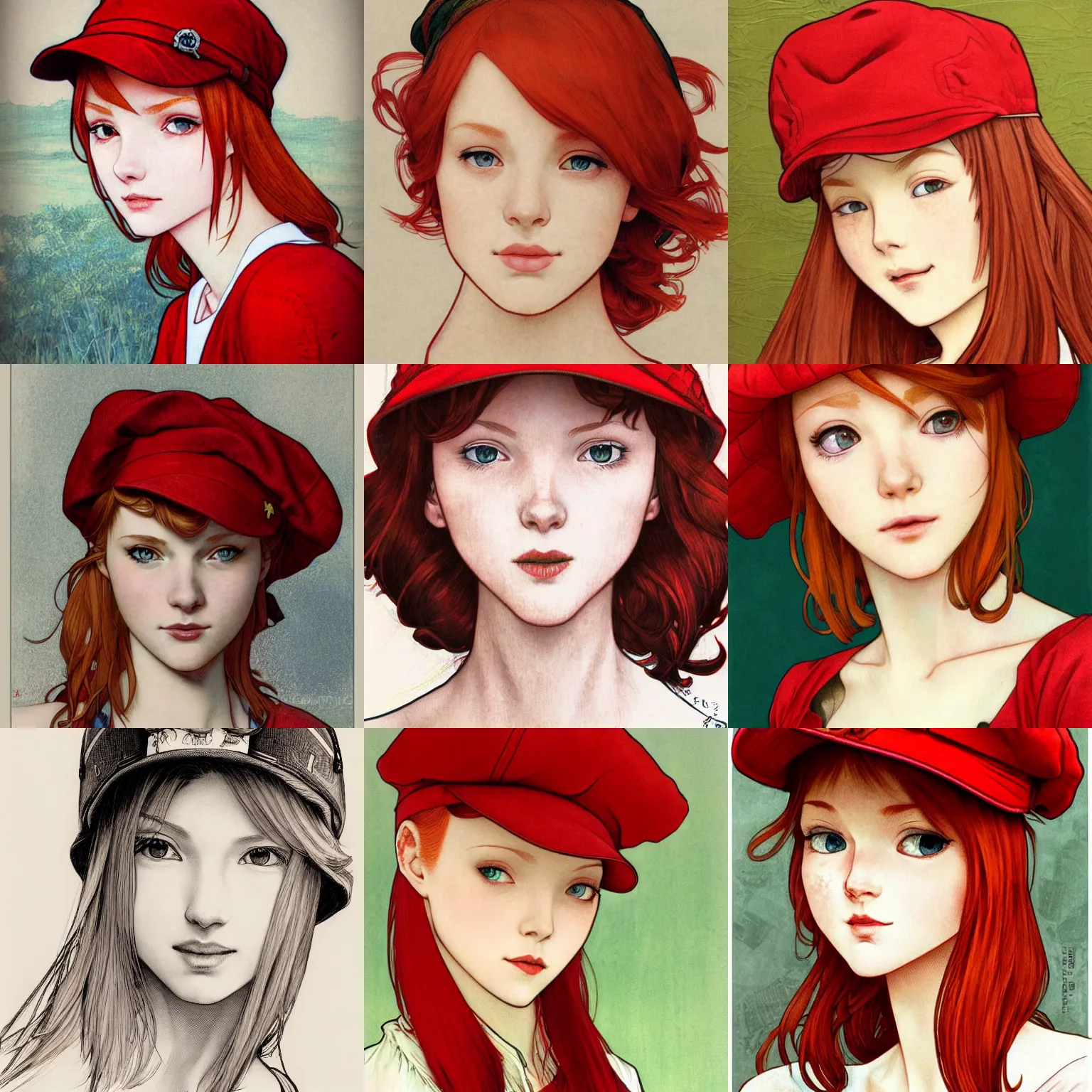Prompt: closeup portrait of a redhead girl in red forage-cap. insanely and epically detailed high-quality artwork with soft colors, exquisitely detailed soft shadowing, amazingly composed image, epic pencil illustration, by Range Murata and by Alphonse Mucha and by Katsuhiro Otomo