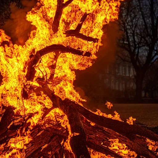 Image similar to tree engulfed in flames by Diane Arbus and Louis Daguerre. highly detailed. 85mm, Bokeh