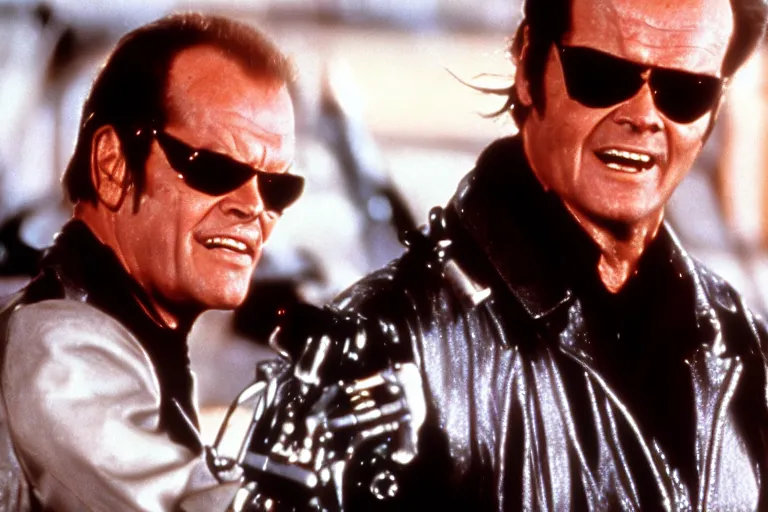 Image similar to Jack Nicholson plays Terminator, scene where his endoskeleton gets exposed, still from the film