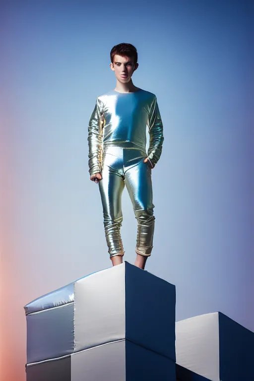 Image similar to un ultra high definition studio quality photographic art portrait of a young man standing on the rooftop of a british apartment building wearing soft baggy inflatable padded silver iridescent pearlescent clothing. three point light. extremely detailed. golden ratio, ray tracing, volumetric light, shallow depth of field. set dressed.