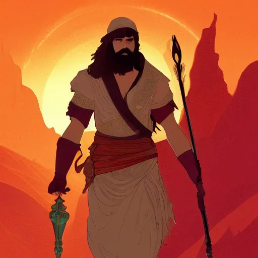 Image similar to an ultra detailed vector image of the prince of persia dressed as bob ross, concept art by alphonse mucha and greg rutkowski, bright red desert sands, bright yellow and red sun, octane render, praise the sun