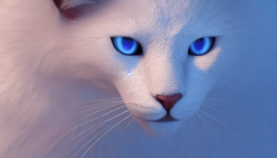 Prompt: shiny white cat with blue electric eyes, snow, light, shadow, volumetric light, hyperdetailed, artstation, cgsociety, 8 k