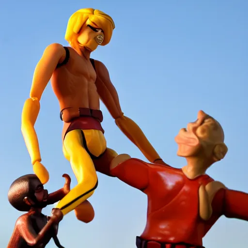 Image similar to toy called Stretch Armstrong fighting an Indian man, life size, fighting a small Indian man, golden hour, award winning,