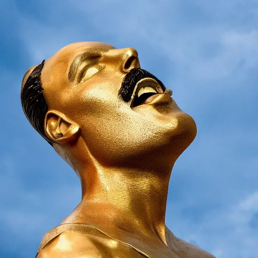 Image similar to Bronze sculpture of Freddie Mercury on the sky. Minimalism, high definition, 8k, High detail, perfect composition. Volumetric Lighting.