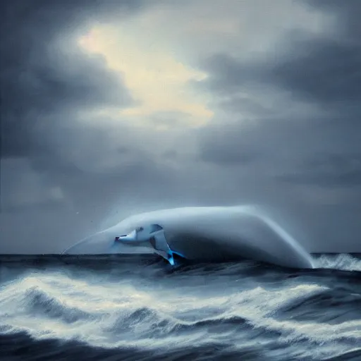 Prompt: painting of a dolphin fin emerging from a roiling sea. stormy conditions with dramatically ominous lighting.