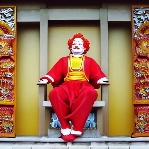 Prompt: ronald mcdonald contemplating the dawn of a new day inside an asian temple