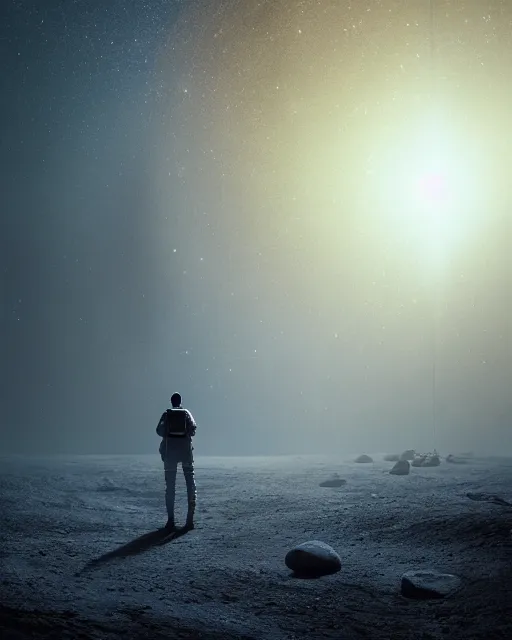 Image similar to a person standing in front of a glowy open door that's on a barren moon, poster art by mike winkelmann, trending on cg society, space art, sci - fi, ue 5, futuristic, volumetric lighting, light casting onto the ground, neat composition and camera angle