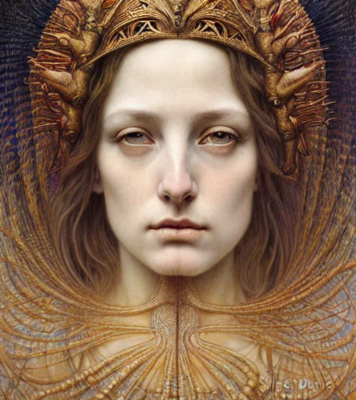 Prompt: detailed realistic beautiful young medieval queen face portrait by jean delville, gustave dore and marco mazzoni, art nouveau, symbolist, visionary, gothic, pre - raphaelite. horizontal symmetry by zdzisław beksinski, iris van herpen, raymond swanland and alphonse mucha. highly detailed, hyper - real, beautiful