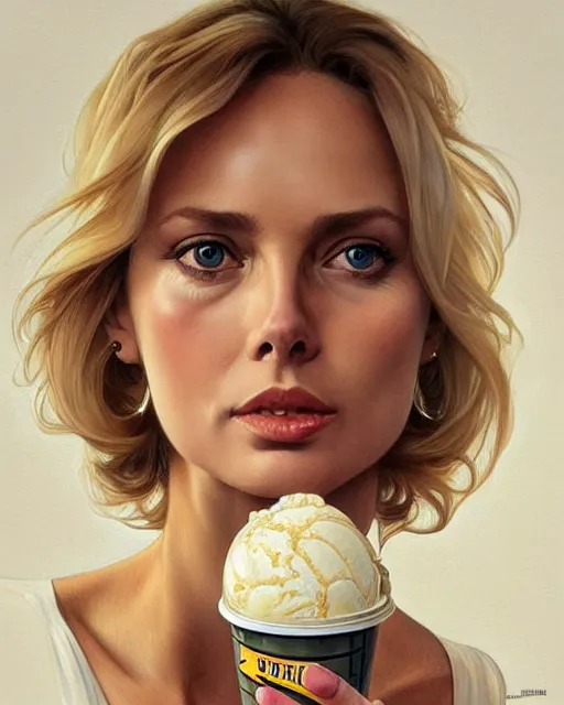 Image similar to portrait of a blonde fuller figured barbara bach from the bond film wearing dungarees and eating ice creams in porto, real life skin, intricate, elegant, highly detailed, artstation, concept art, smooth, sharp focus, art by artgerm and greg rutkowski and alphonse mucha