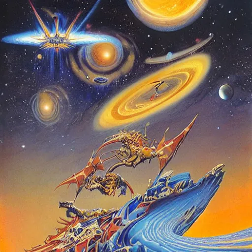 Prompt: phantom grip, the edge of the universe (on film), by Rodney Matthews and Robert McCall