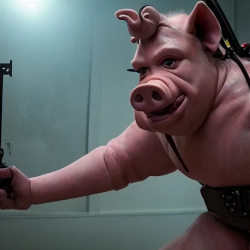 Image similar to Live Action Still Pig Man As Ghostbusters, real life, hyperrealistic, ultra realistic, realistic, highly detailed, epic, HD quality, 8k resolution, body and headshot, film still,Exquisite detail, post-processing, masterpiece, Cinematic Lighting, Unreal Engine, 8k, HD