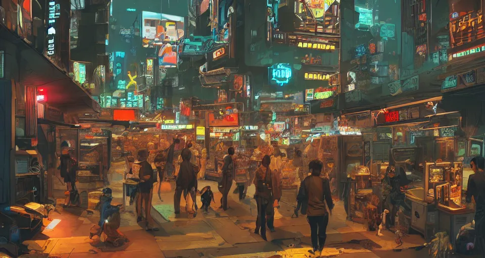 Prompt: a cyberpunk nightmarket with people and animals are shopping in the nightmarket with gun shops, pawn shops, computer shops, electric shops around the year 2 0 3 0, cinematic, magic world, hyper detailed, trending on artstation